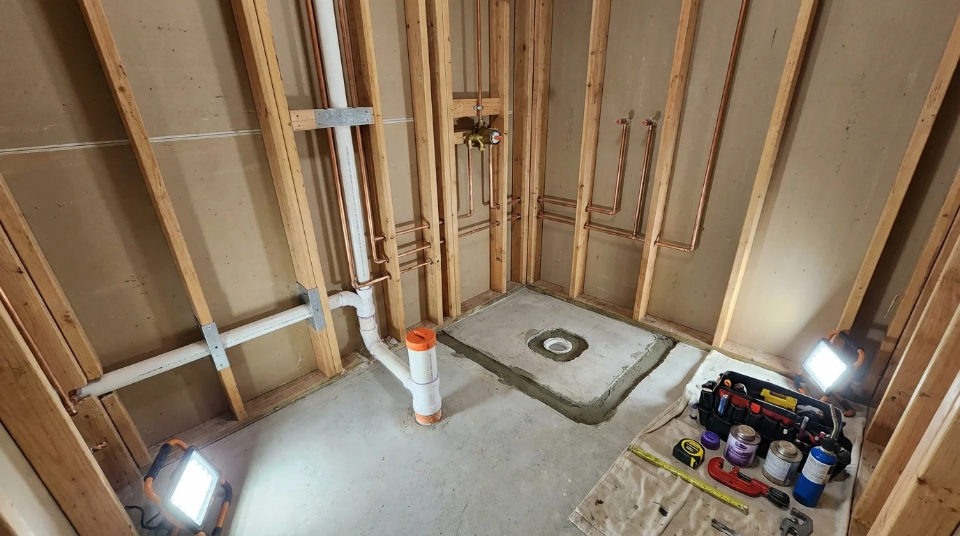 Bathroom rough-in plumbing during remodel by Johns Plumbing LLC in Kingwood