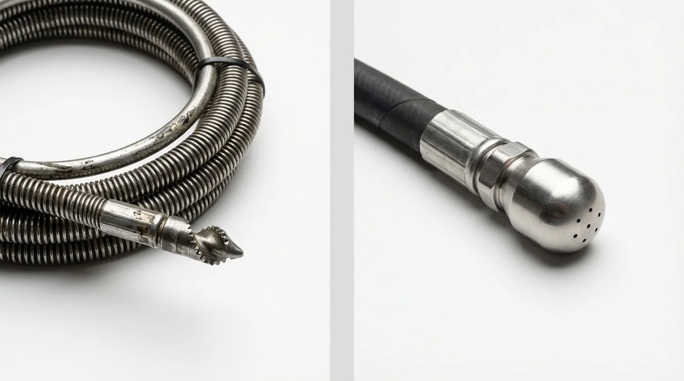 Drain snake cable and hydro jetting nozzle used for drain cleaning in Kingwood, WV