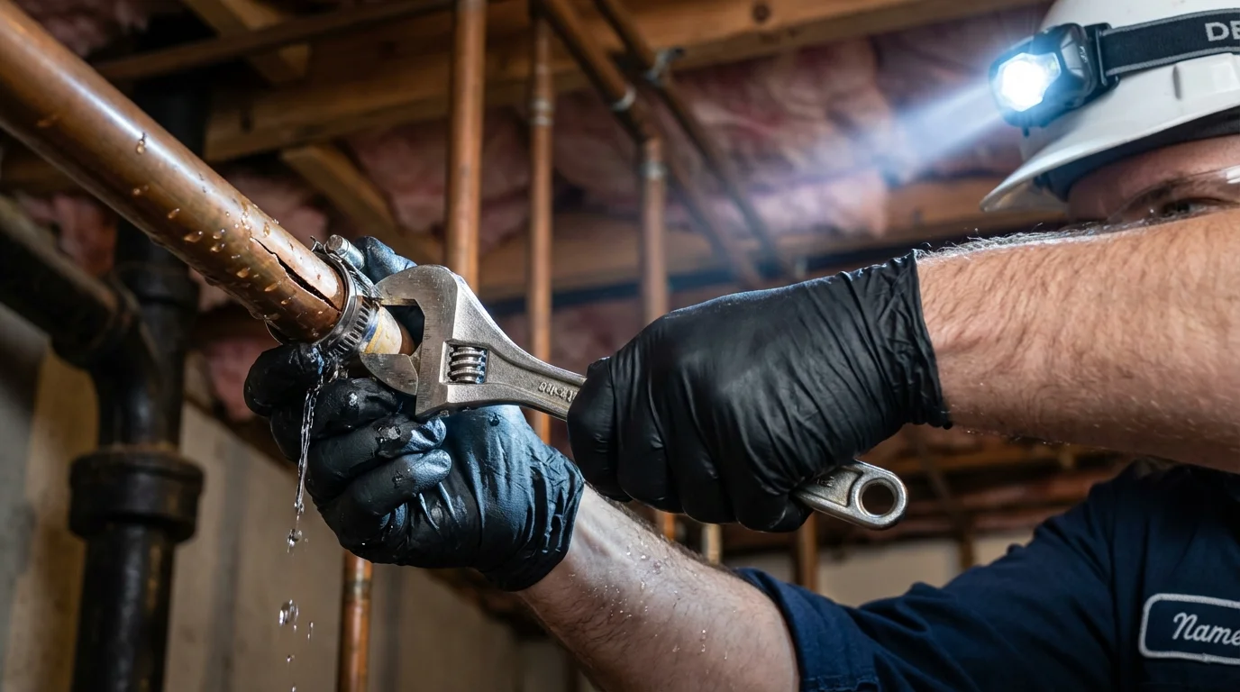 Emergency pipe clamp repair being performed by a Johns Plumbing LLC plumber in Kingwood