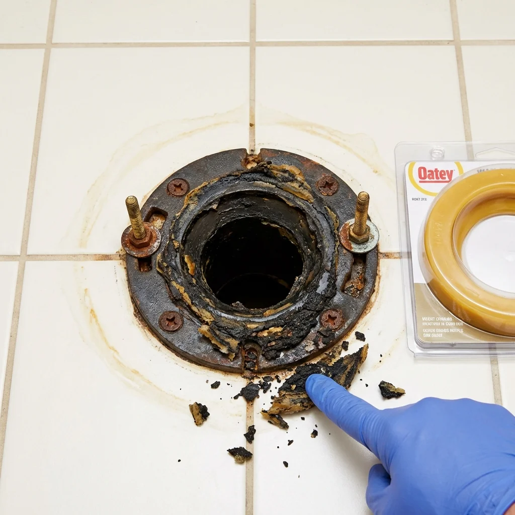 Failed wax ring showing water seepage at the base of a toilet in a Kingwood, WV home