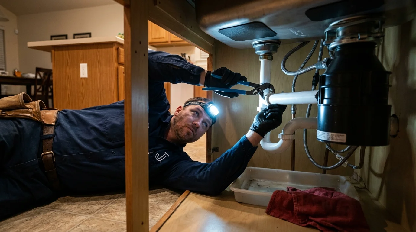 P-trap and supply line connections under a kitchen sink showing a common leak point in Kingwood, WV